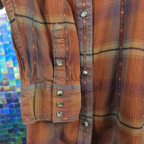 Bit & Bridle Western Plaid Snap Front Shirt Womens XL Orange Brown Cotton Dobby - Picture 6 of 10